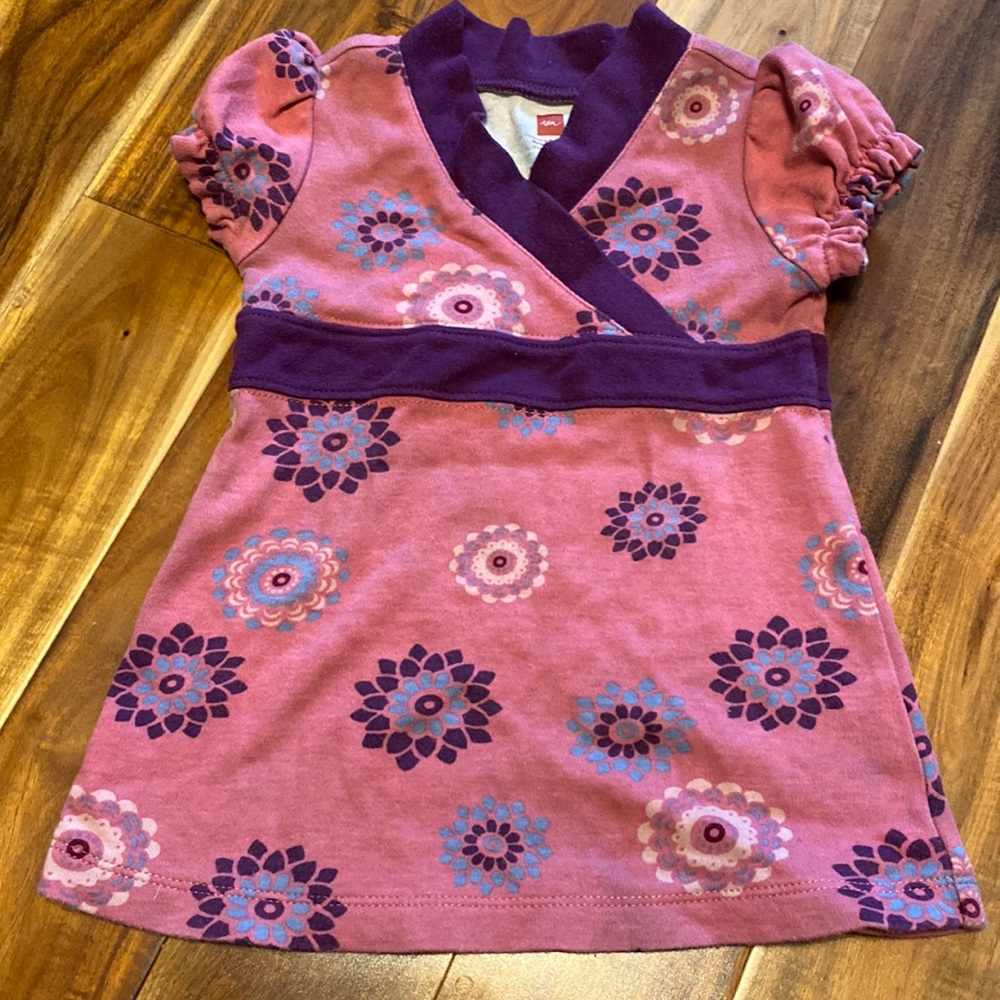 Girl’s Size 6-12 Months Purple & Pink Floral Cotton Dress Cross-Over Look -EUC